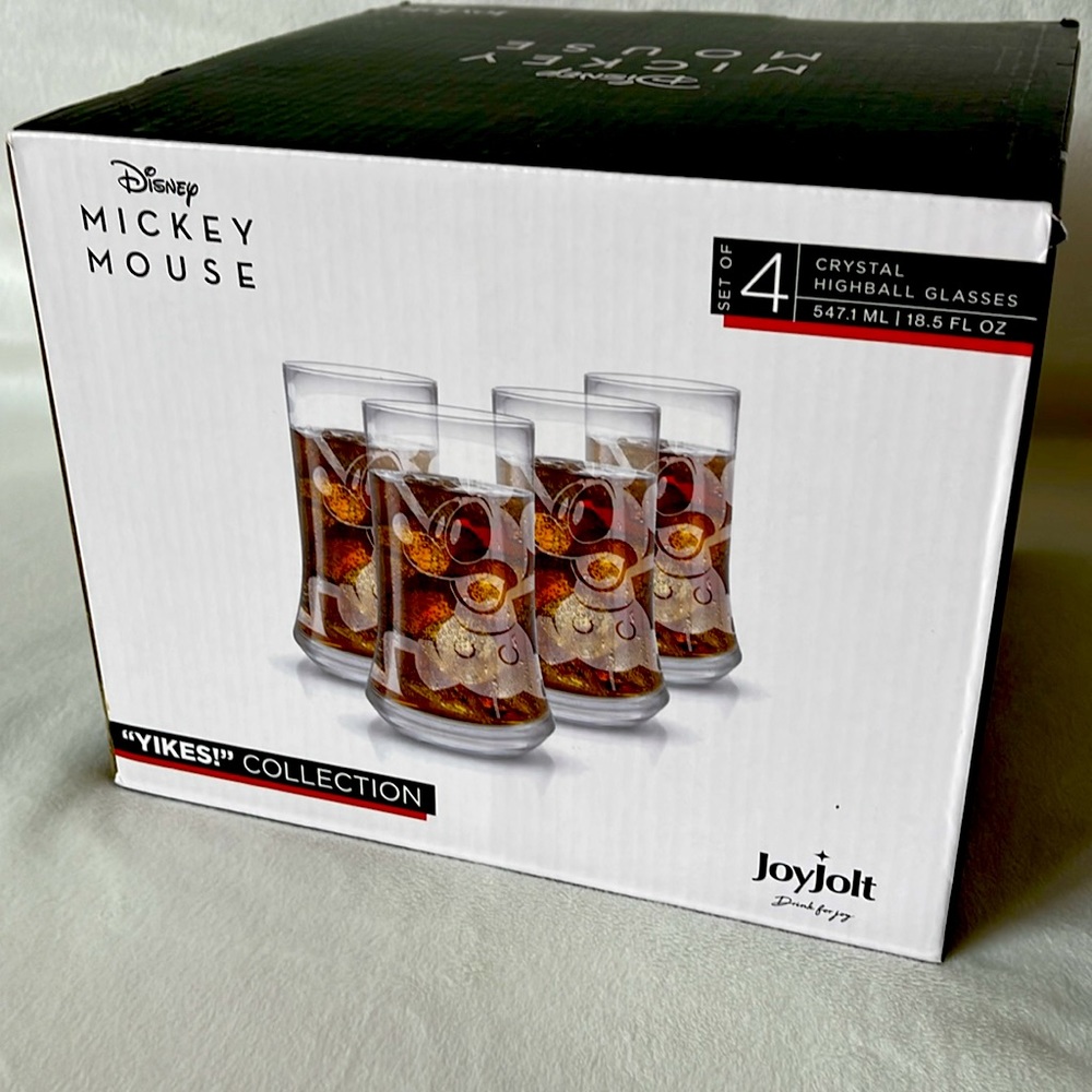 JoyJolt Disney Gifts, Mickey 'Yikes!' 4pc Crystal Highball Glasses Set. 18.5oz